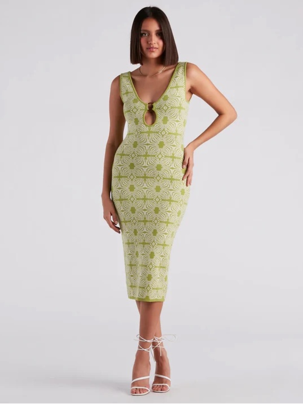 WINDSOR Weekend Getaway Midi Sweater Dress in Retro Floral Green